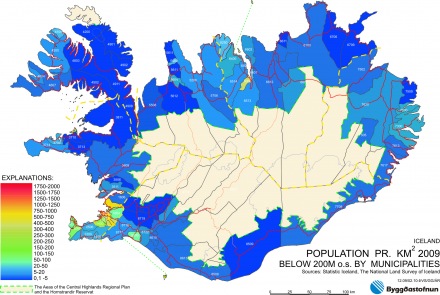 Population pr. km2 2009 below 200M o.s. by municipalities
