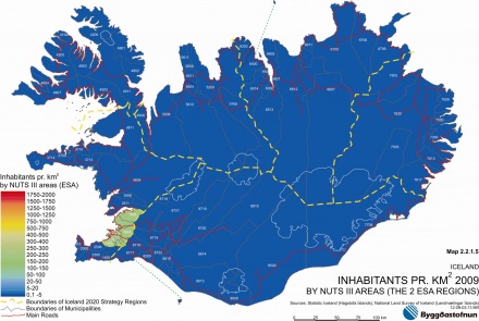 Inhabitans pr km2 2009 by Nuts III areas (The 2 ESA regions)