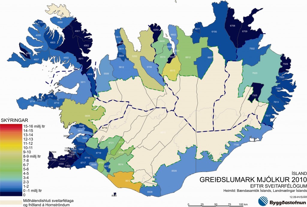 Greislumark mjlkur 2010 eftir sveitarflgum