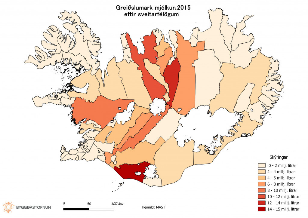 Greislumark mjlkur 2015 eftir sveitarflgum