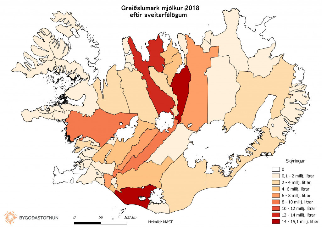 Greislumark mjlkur 2018 eftir sveitarflgum