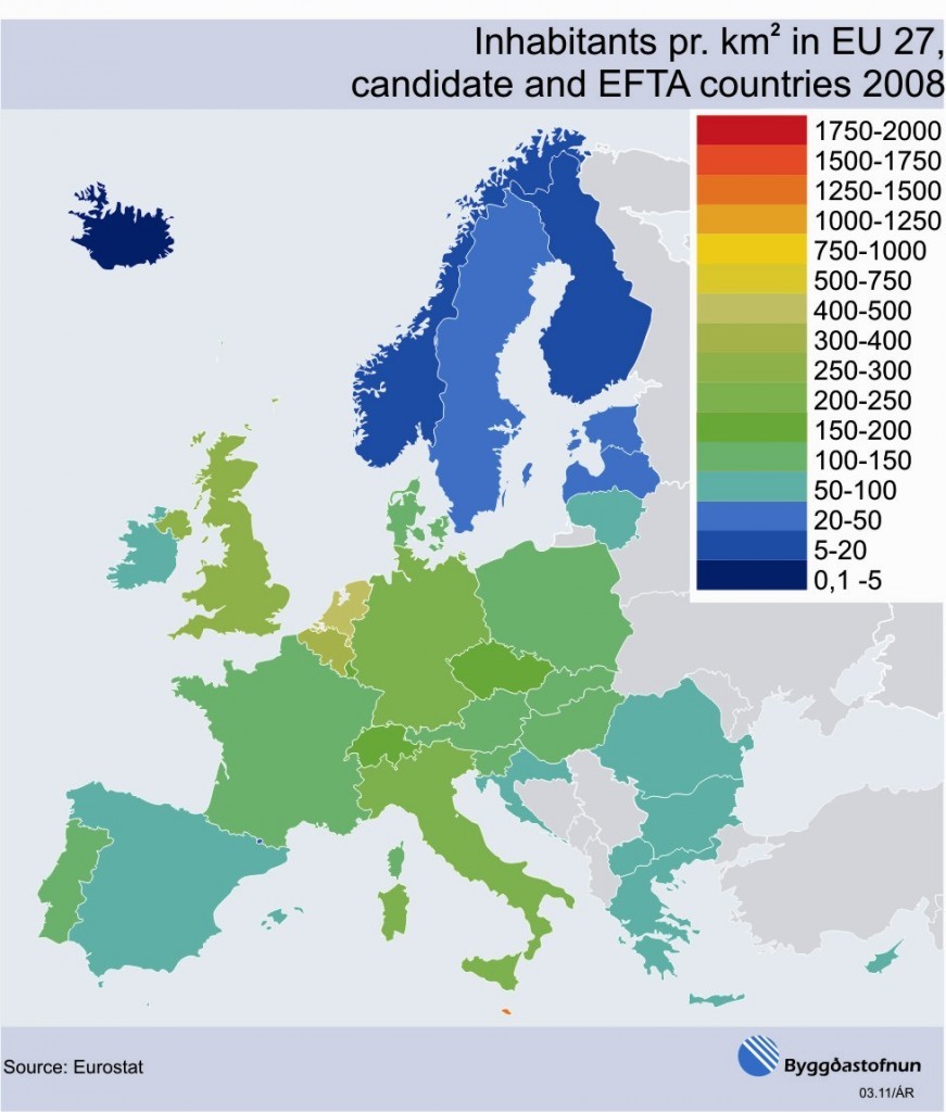 Inhabitants pr km2 in EU 27, candidate and EFTA countries 2008