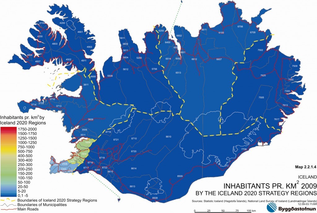 Inhabitants pr km2 2009 by the Iceland 2009 strategy regions